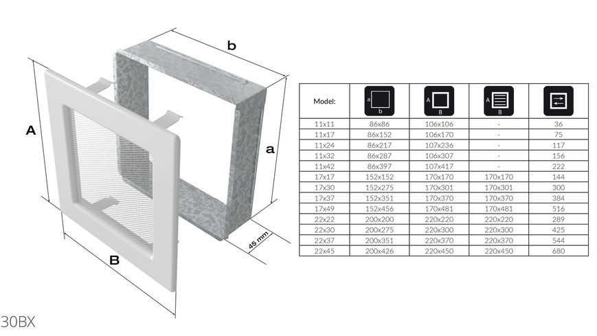 Камінна решітка Kratki біла з жалюзями 17x30 30BX фото
