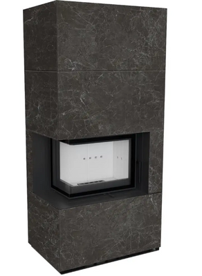 Камін Kratki FLOKI BOX лівий 8 kW &Oslash; 160 в обудові з керамограніту NATURALI NERO GRECO FLOKI/L/BS/Q/N/G фото