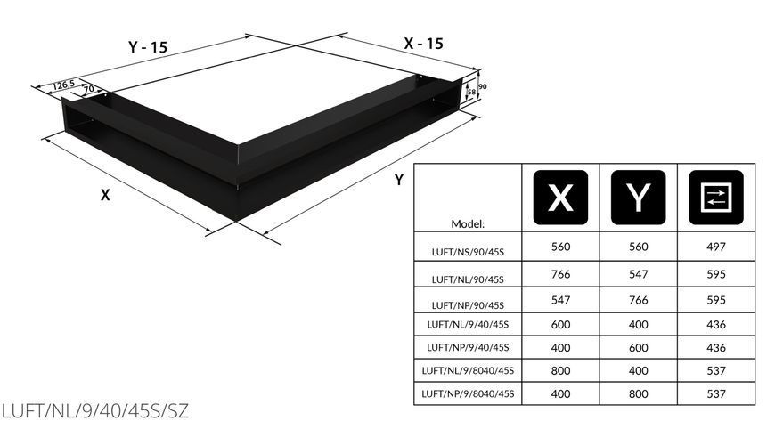 Камінна решітка Kratki LUFT кутова ліва шліфована 60x40x9 LUFT/NL/9/40/45S/SZ фото